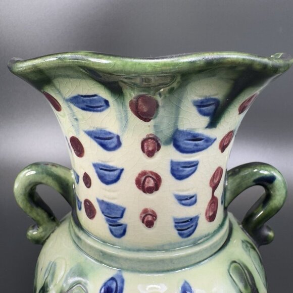 Vintage Japanese Ceramic Vase With Handles Vessel With Majolica Floral Pattern - Picture 6 of 16